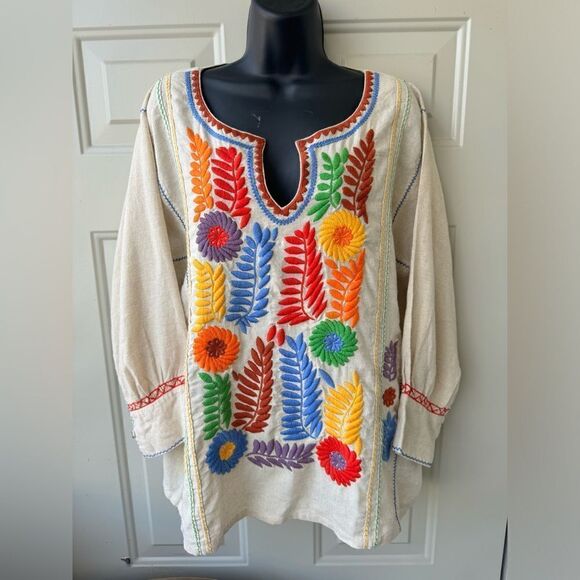Sister Mary Gloria Tunic Top Rainbow Floral Embroidery Linen Size Medium - Picture 13 of 14